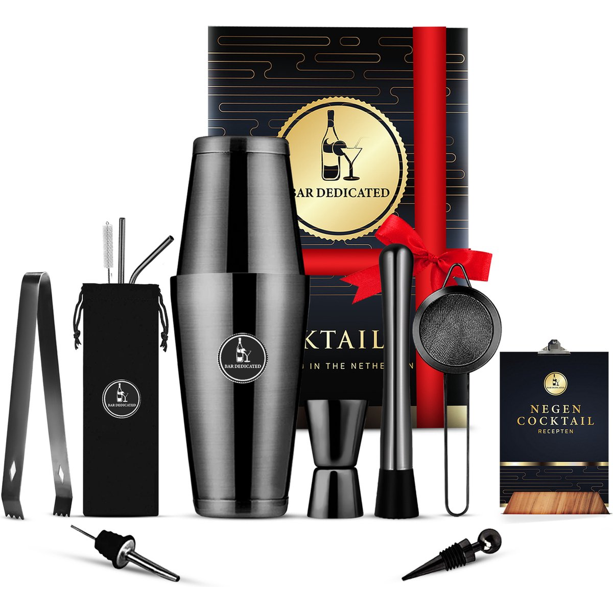 “Bar Dedicated Boston cocktailset zwart 13-delig – professionele shaker set met receptenboek en luxe cadeauverpakking.”