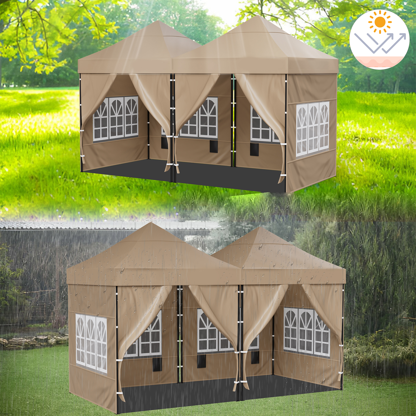Complete partytent 3x3 van Duerté opgebouwd op gras – stabiel en ruim.