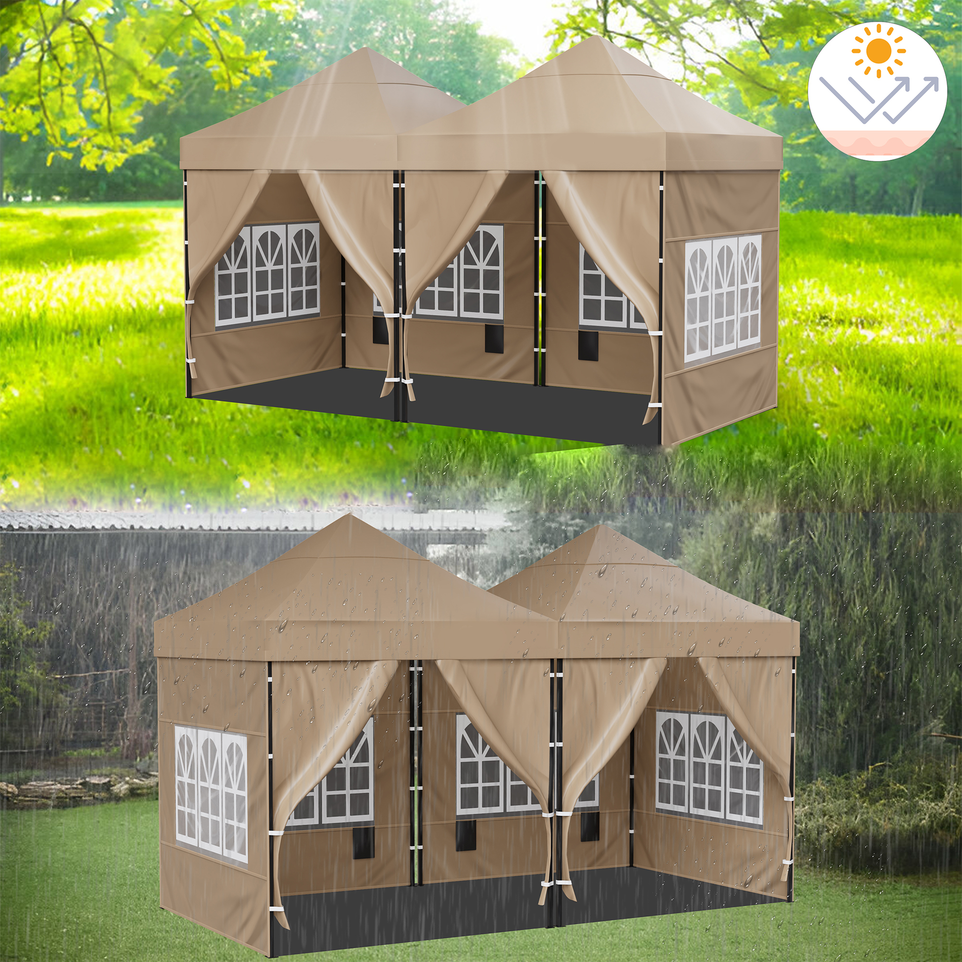 Complete partytent 3x3 van Duerté opgebouwd op gras – stabiel en ruim.