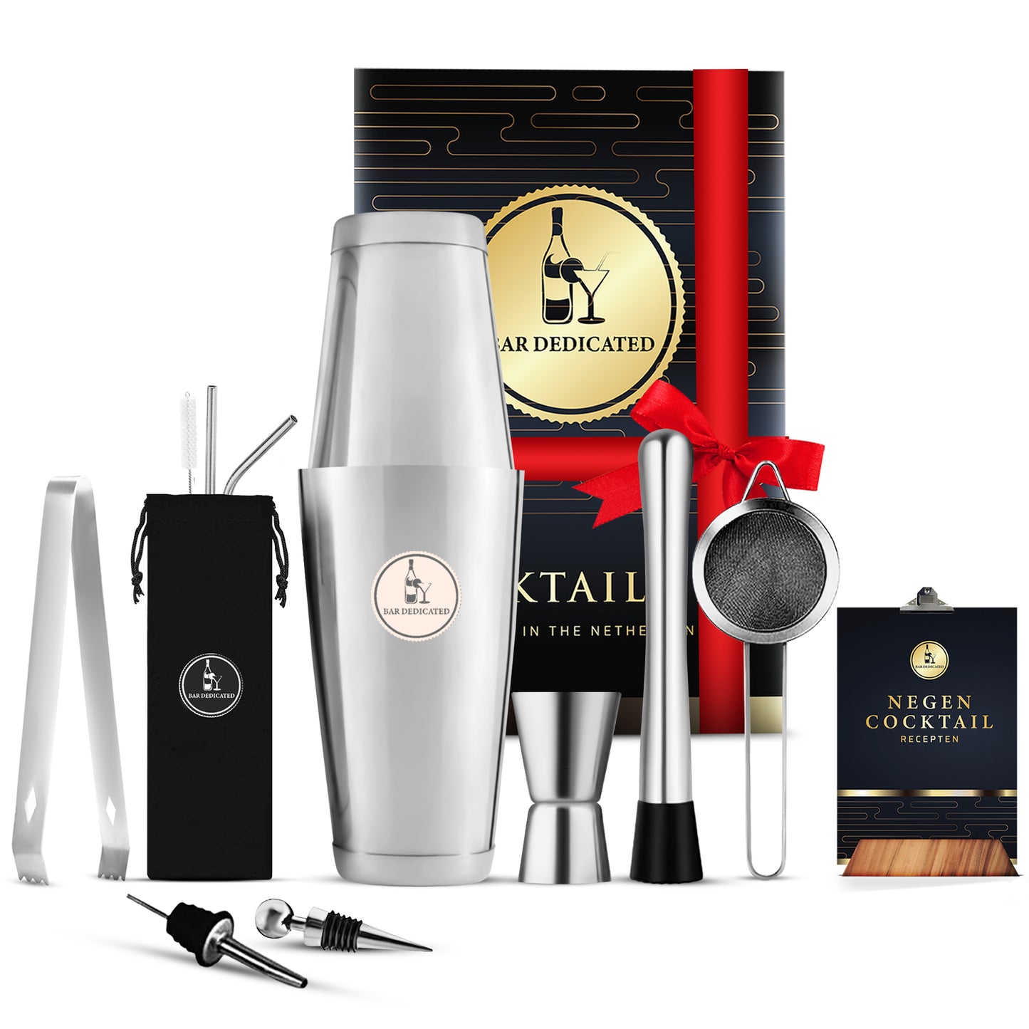 “Bar Dedicated Boston cocktailset zilver 13-delig – professionele RVS shaker set met accessoires, receptenboek en luxe cadeauverpakking.”