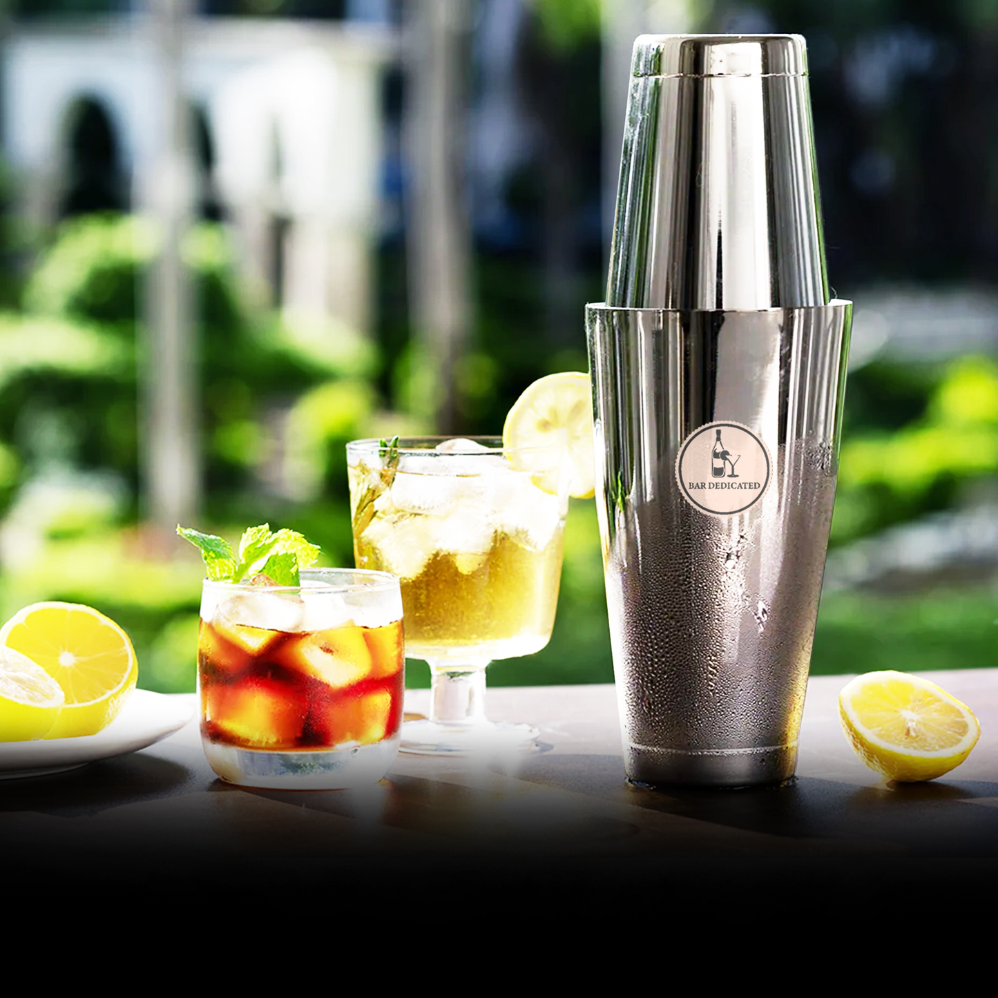 “Zilveren Boston cocktailshaker van Bar Dedicated – stijlvolle en duurzame shaker voor frisse zomercocktails.”