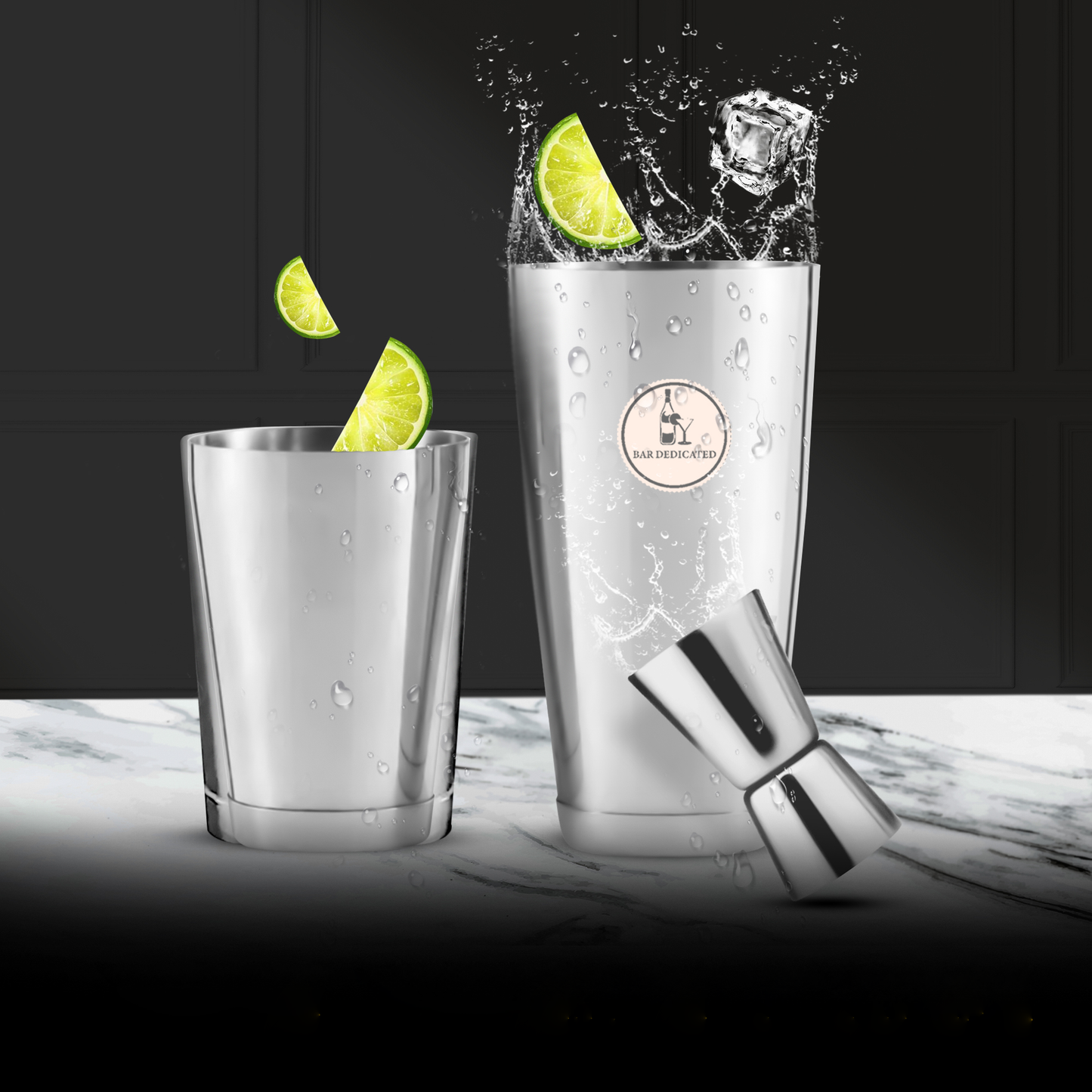 “Bar Dedicated Boston shaker zilver – roestvrijstalen cocktailshaker met maatbeker en zeef voor perfecte mixdrankjes.”
