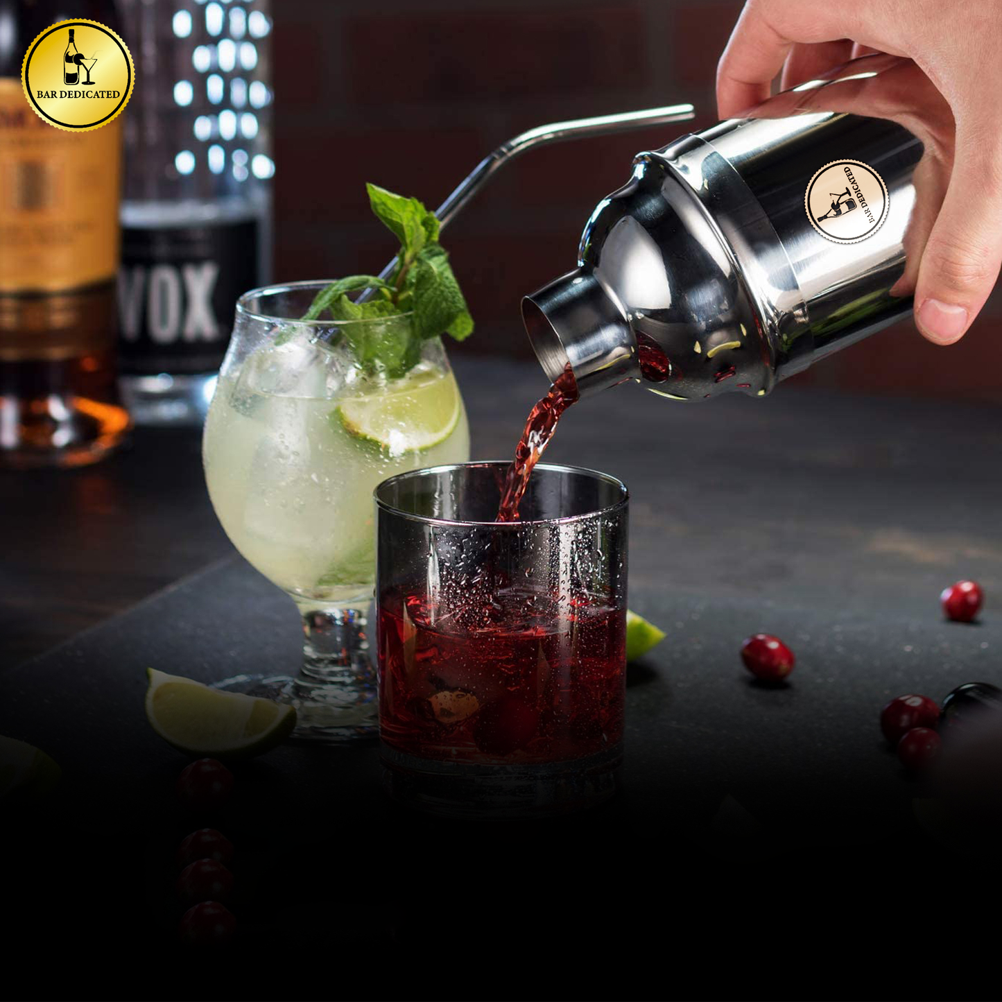 “Bar Dedicated cocktailshaker van hoogwaardig RVS – lekvrij en duurzaam materiaal voor perfecte cocktails.”