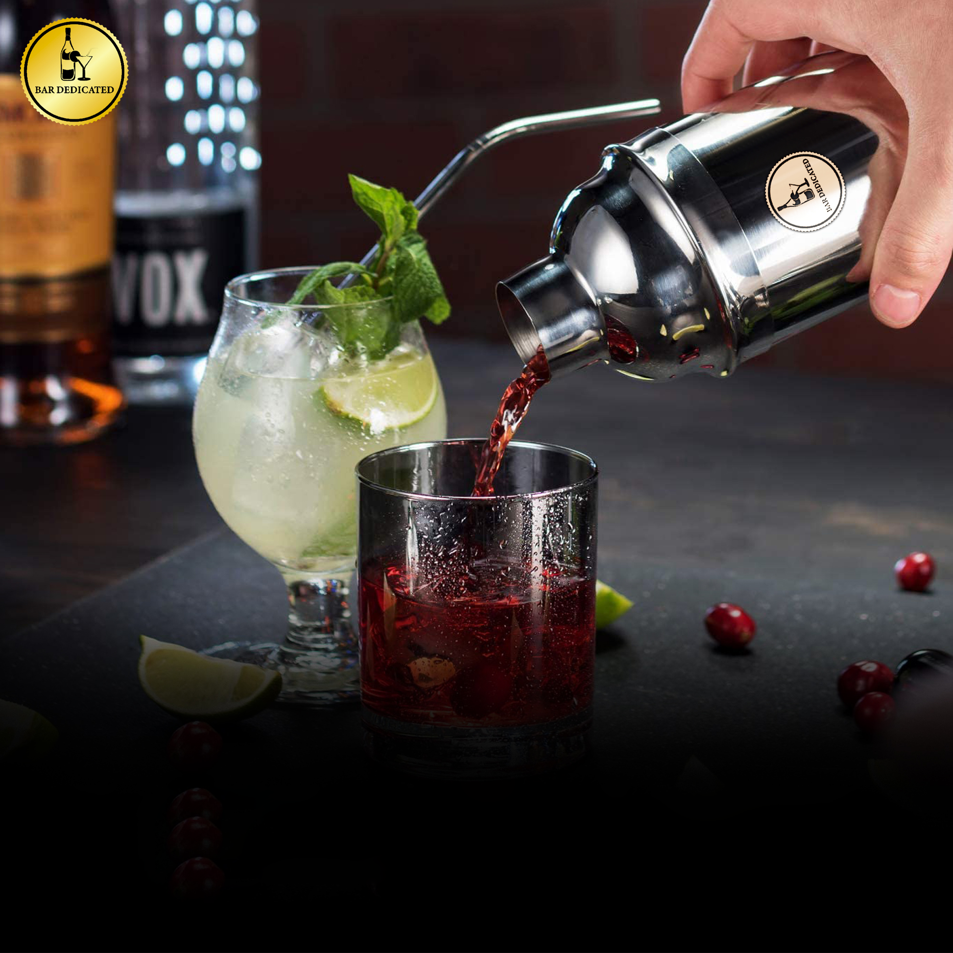 “Bar Dedicated cocktailshaker van hoogwaardig RVS – lekvrij en duurzaam materiaal voor perfecte cocktails.”