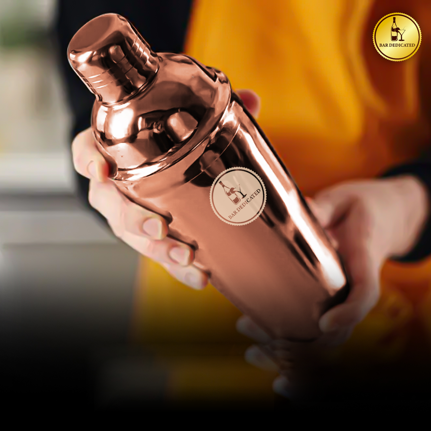 “Premium rosé gouden cocktailshaker van Bar Dedicated – lekvrij, duurzaam en stijlvol design.”