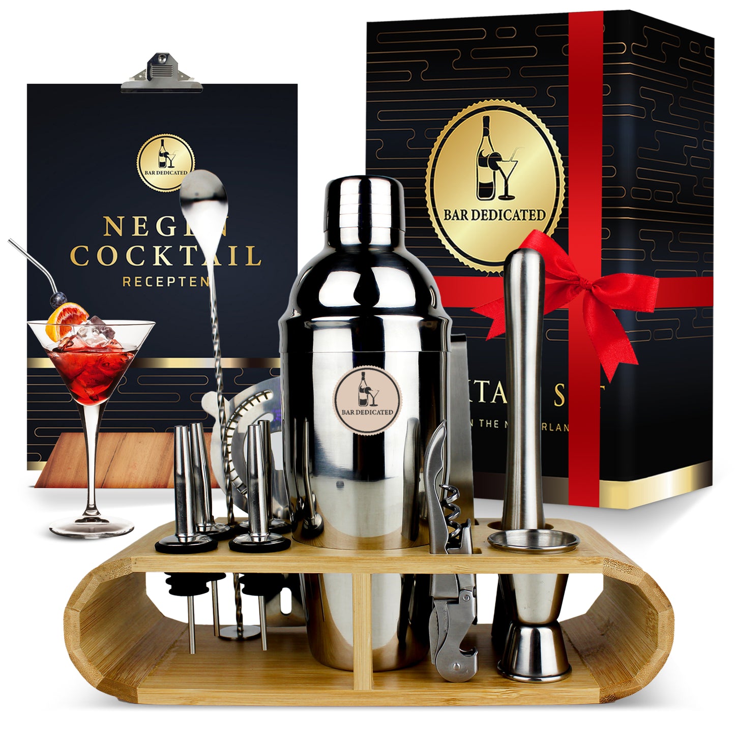 “Bar Dedicated cocktail set zilver met receptenboek – maak heerlijke cocktails thuis met premium baraccessoires.”