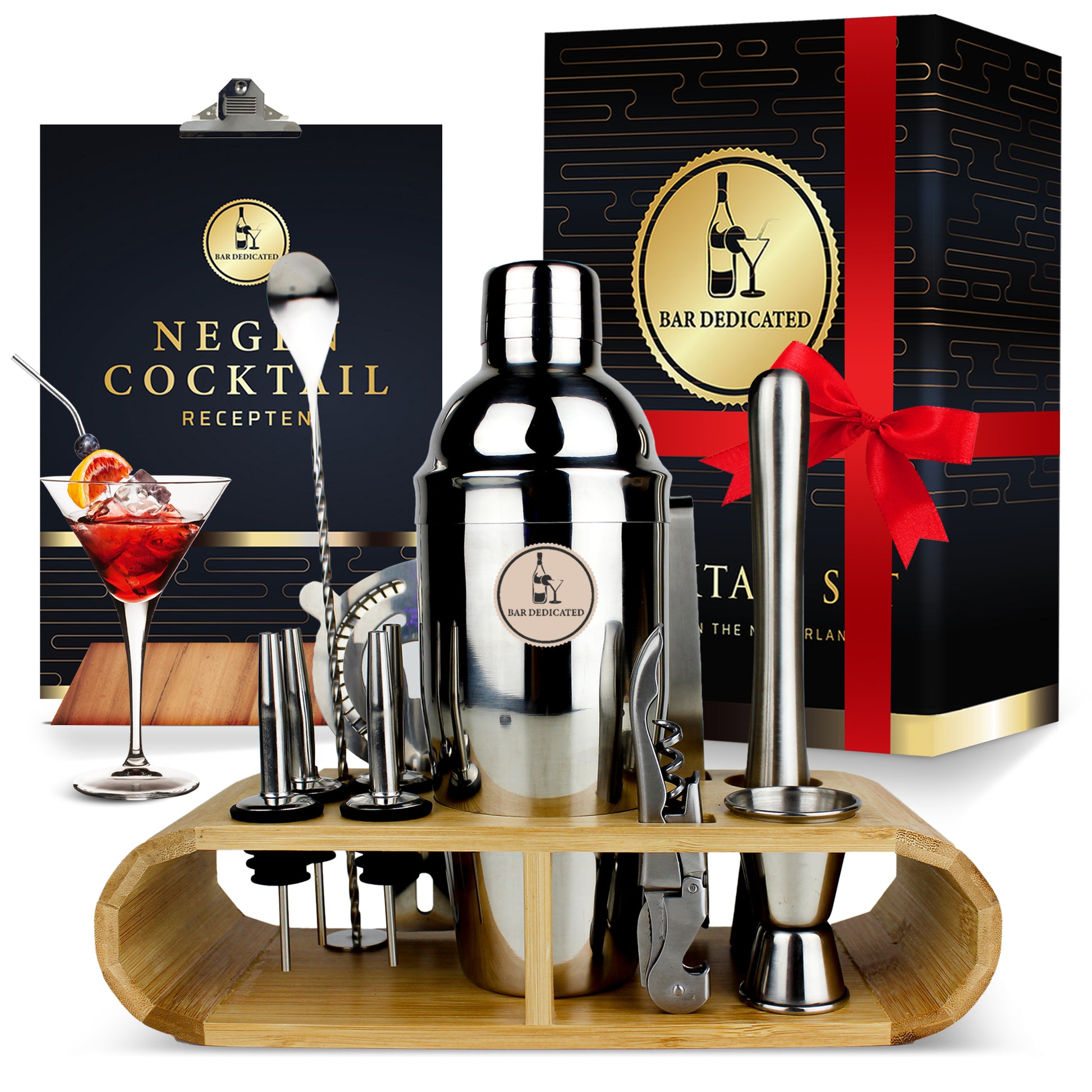 “Bar Dedicated cocktail set zilver met receptenboek – maak heerlijke cocktails thuis met premium baraccessoires.”
